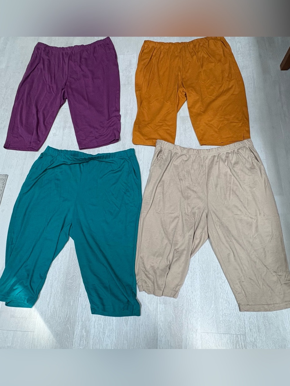 Jessica London Elastic-Waist Shorts in Purple, Teal, Mustard & Tan